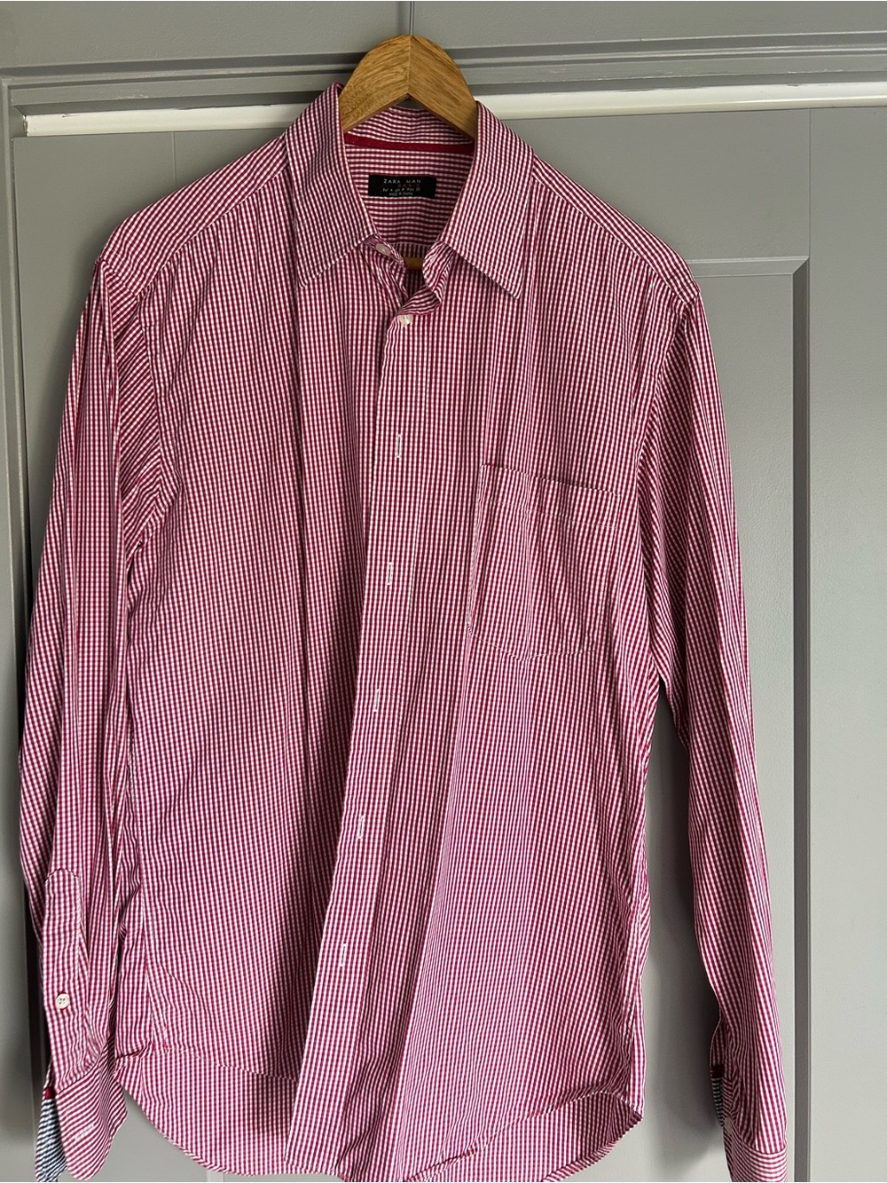 Zara Men's Red and White Micro-Check Dress Shirt